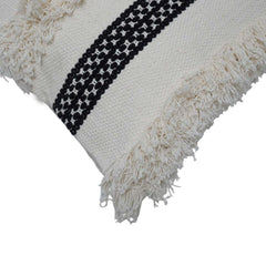 Handwoven Cotton Cushion Cover with Fringe & Black Woven Stripe | Boho Decorative Throw Pillow Cover | 45 x 45 cm (18 x 18 Inch)