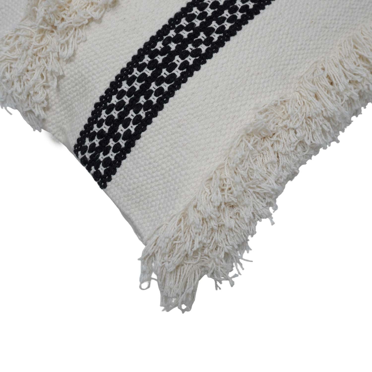 Handwoven Cotton Cushion Cover with Fringe & Black Woven Stripe | Boho Decorative Throw Pillow Cover | 45 x 45 cm (18 x 18 Inch)