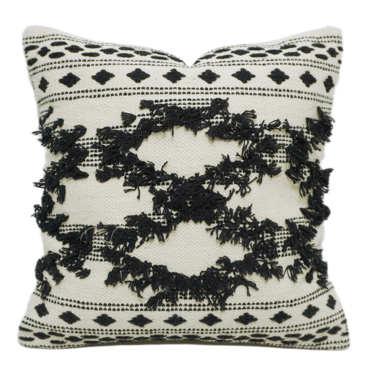 Black & Cream Geometric Handwoven Tassel Cushion Cover 45x45 cm