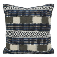 Handwoven Geometric Cotton Cushion Cover 45x45 cm – Blue, Ivory & Grey Textured Boho Accent Pillow Cover