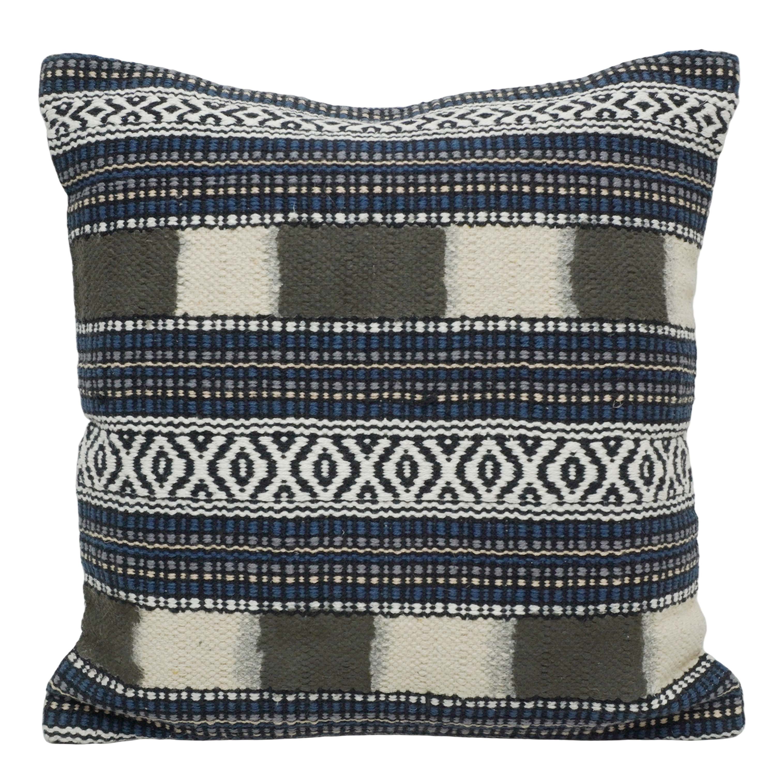 Handwoven Geometric Cotton Cushion Cover 45x45 cm – Blue, Ivory & Grey Textured Boho Accent Pillow Cover