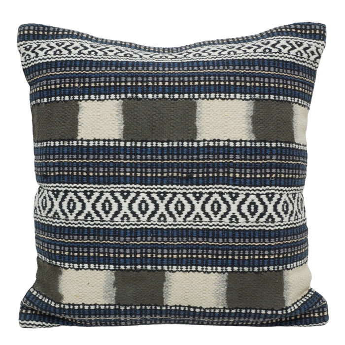 Handwoven Geometric Cotton Cushion Cover 45x45 cm – Blue, Ivory & Grey Textured Boho Accent Pillow Cover