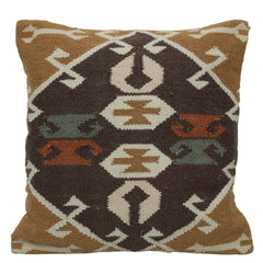 Handwoven Cotton Cushion Cover 45x45 cm – Tribal Geometric Pattern in Brown, Beige, Rust & Sage Green