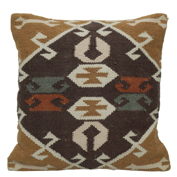 Handwoven Cotton Cushion Cover 45x45 cm – Tribal Geometric Pattern in Brown, Beige, Rust & Sage Green