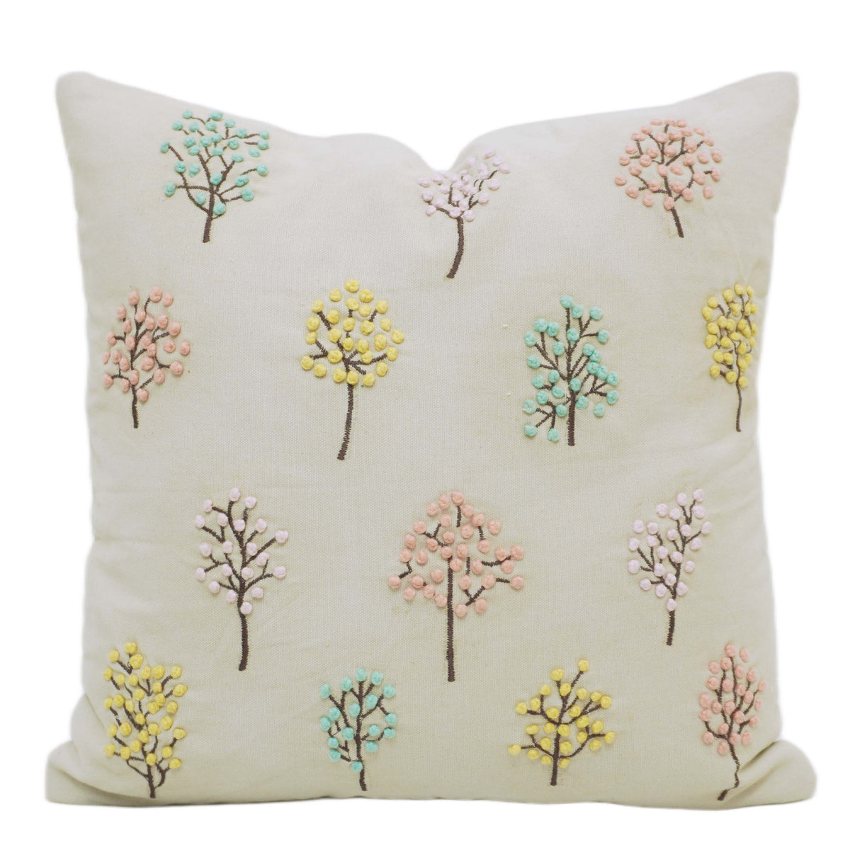 Pastel Multicolor Tree Embroidered Cotton Cushion Cover 45x45 cm