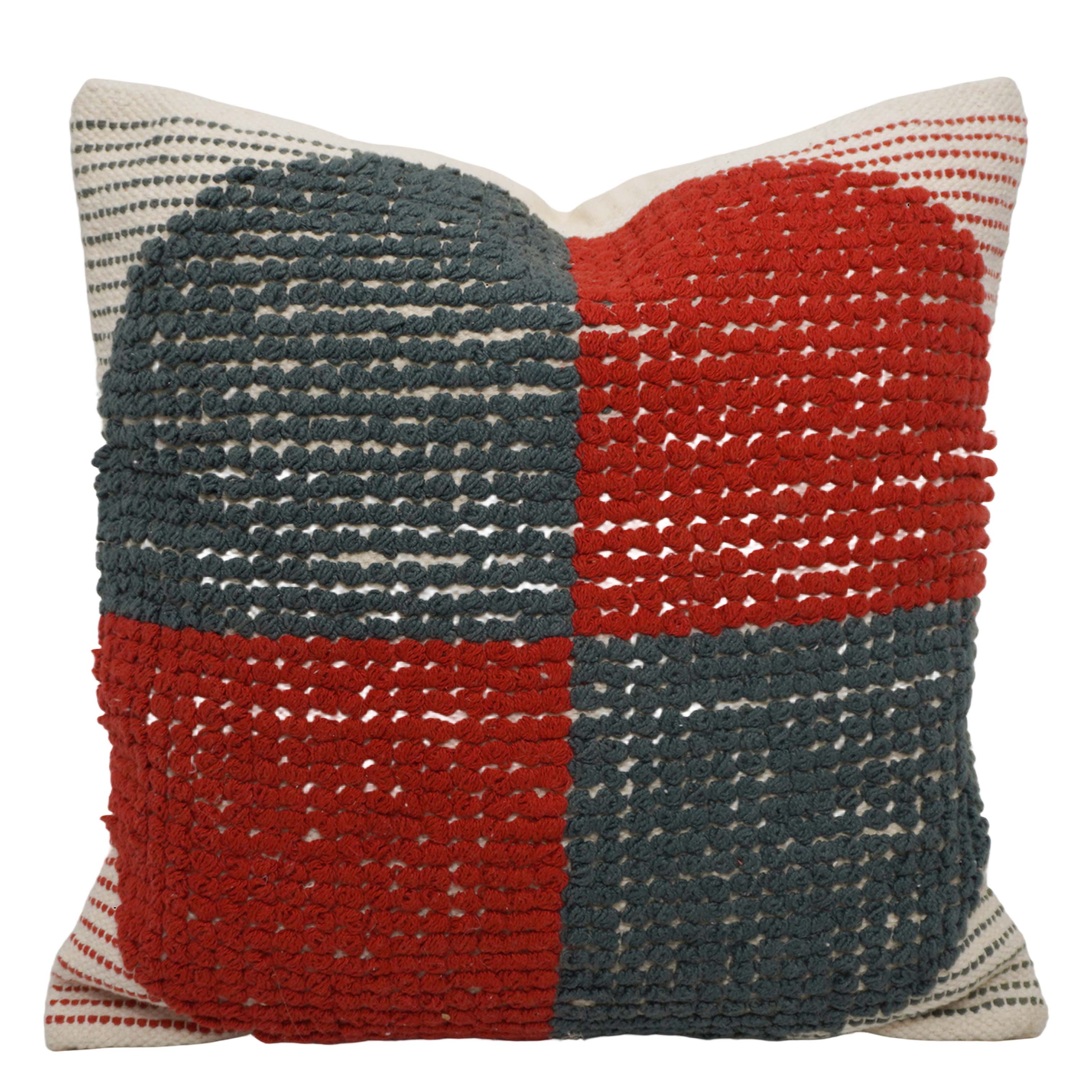 Handwoven Cotton Cushion Cover 45x45 cm | Geometric Color Block Textured Cushion Cover | Decorative Throw Pillow Cover with Concealed Zipper | Red & Charcoal Grey