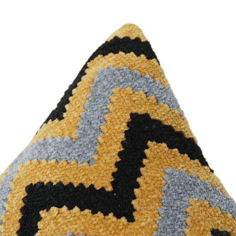 Embroidered Zigzag Cotton Cushion Cover | Mustard, Grey & Black Geometric Design | 18x18 Inch Decorative Pillow Cover - Bulk manufacturer & supplier from Panipat, India
