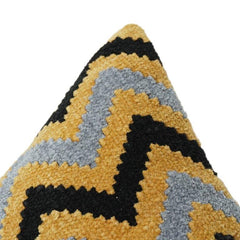 Housse de coussin en coton brodé zigzag | Motif géométrique moutarde, gris et noir | Housse de coussin décorative 45x45 cm