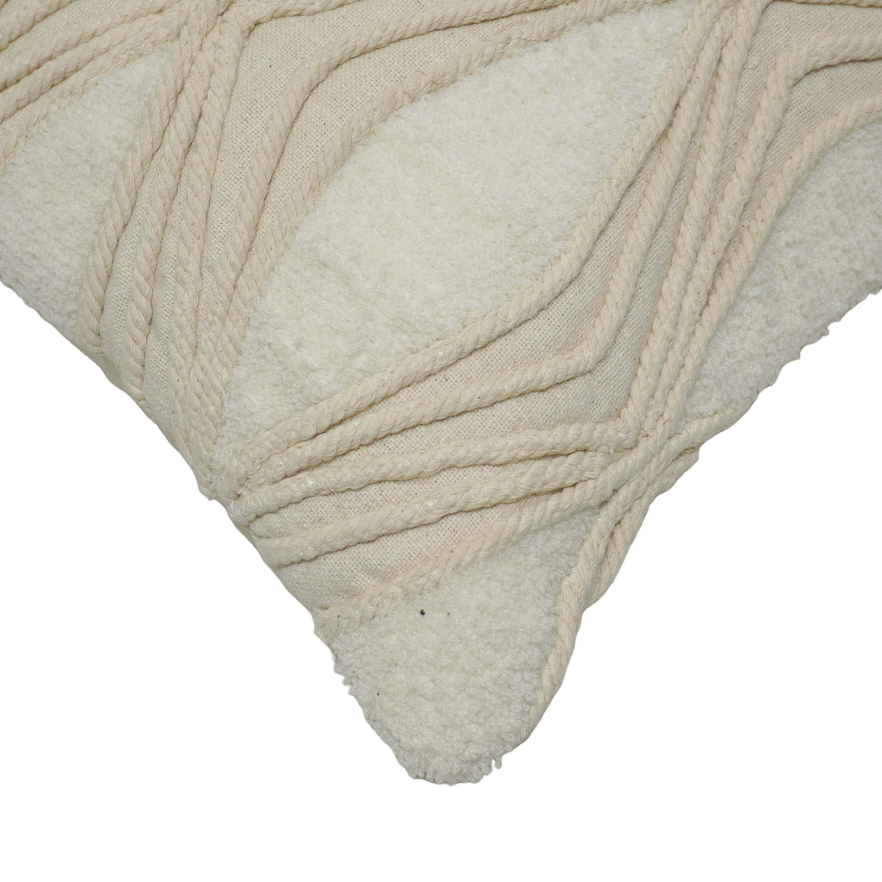 Handcrafted Tufted & Rope Cotton Cushion Cover 45x45 cm | Textured Boho Decorative Throw Pillow Cover | Ivory | Hidden Zip