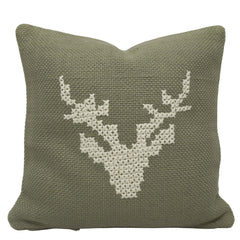 Handwoven Cotton Cushion Cover 45x45 cm | Embroidered Deer Head Design | Decorative Throw Pillow Cover | Hidden Zipper | Olive Green