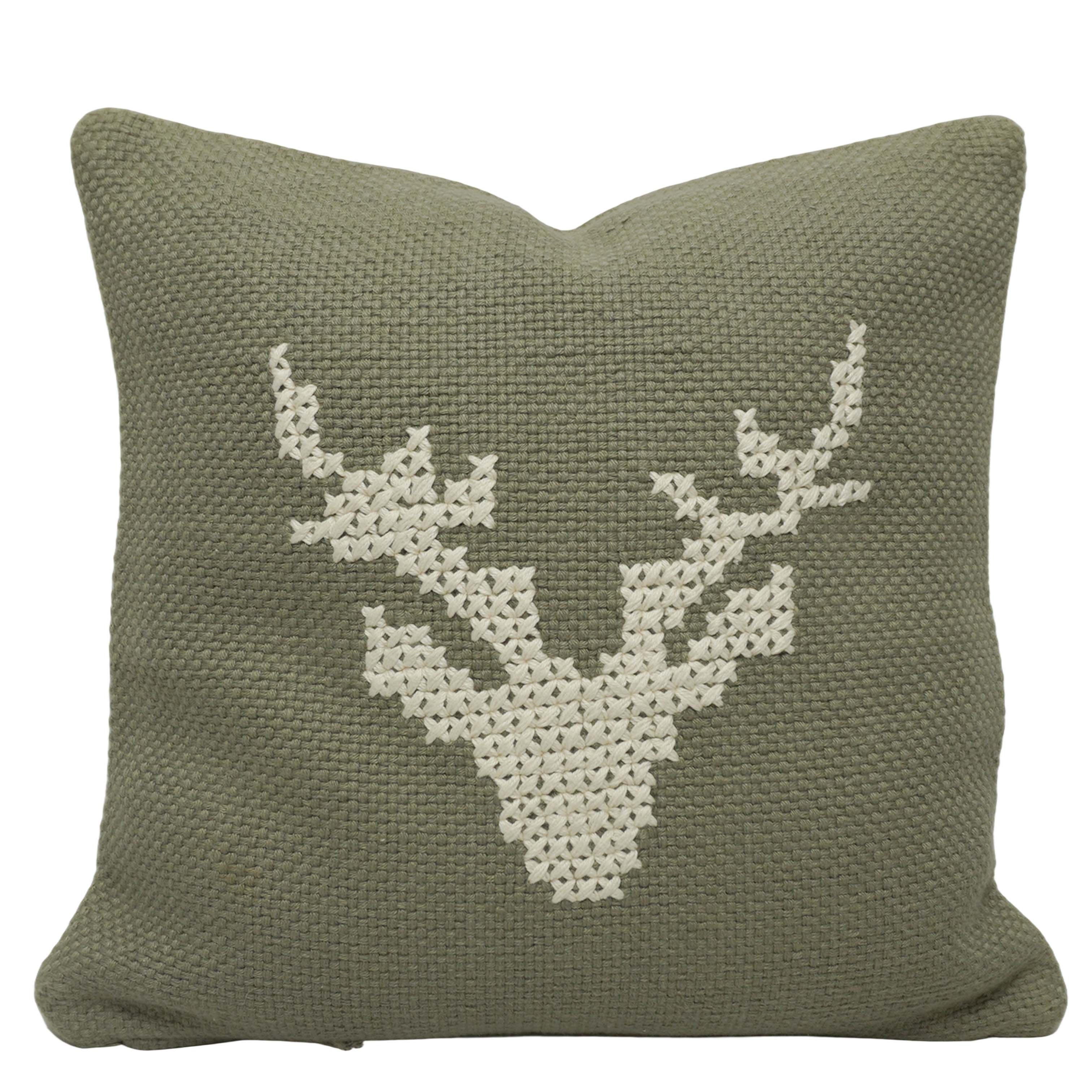 Handwoven Cotton Cushion Cover 45x45 cm | Embroidered Deer Head Design | Decorative Throw Pillow Cover | Hidden Zipper | Olive Green