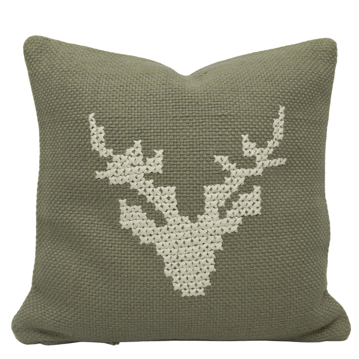 Handwoven Cotton Cushion Cover 45x45 cm | Embroidered Deer Head Design | Decorative Throw Pillow Cover | Hidden Zipper | Olive Green