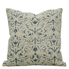 Printed Cotton Cushion Cover 45x45 cm | Blue Floral Damask Print on Natural Cotton | Decorative Throw Pillow Cover with Hidden Zip | 18x18 Inch
