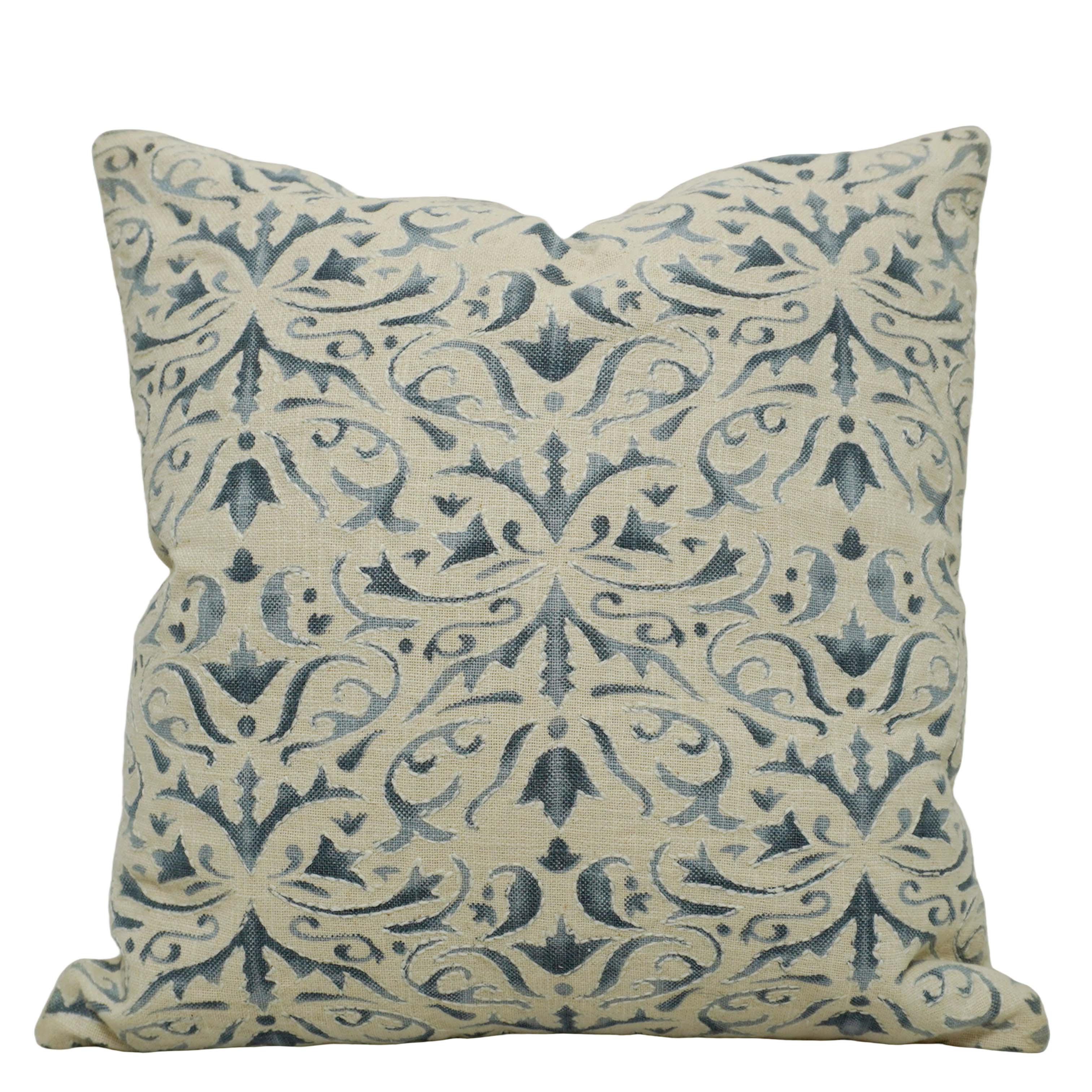 Printed Cotton Cushion Cover 45x45 cm | Blue Floral Damask Print on Natural Cotton | Decorative Throw Pillow Cover with Hidden Zip | 18x18 Inch
