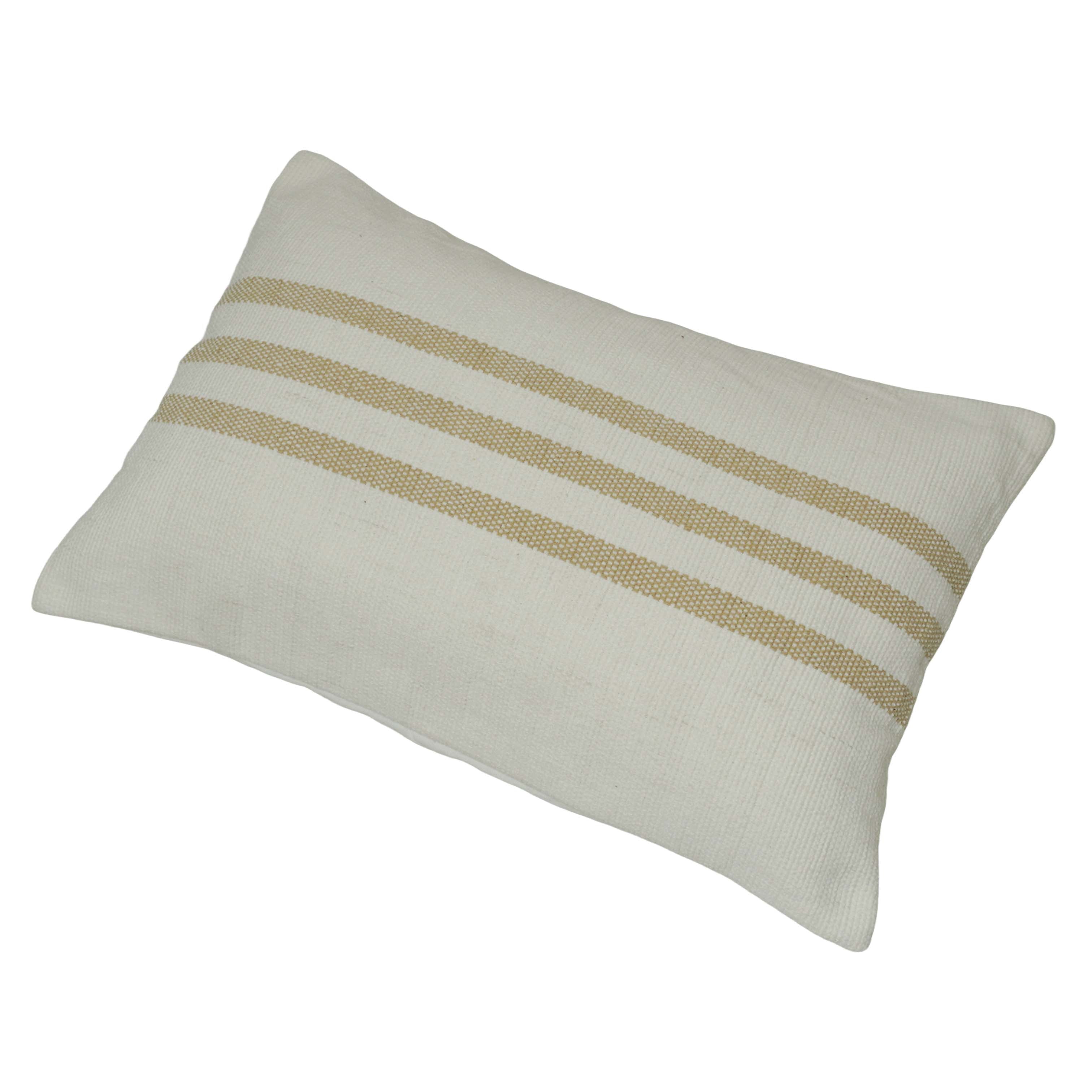 Handwoven Cotton Cushion Cover 35x50 cm | Natural Ivory with Beige Woven Stripes | Decorative Lumbar Pillow Cover | Hidden Zipper | Boho Farmhouse Home Décor