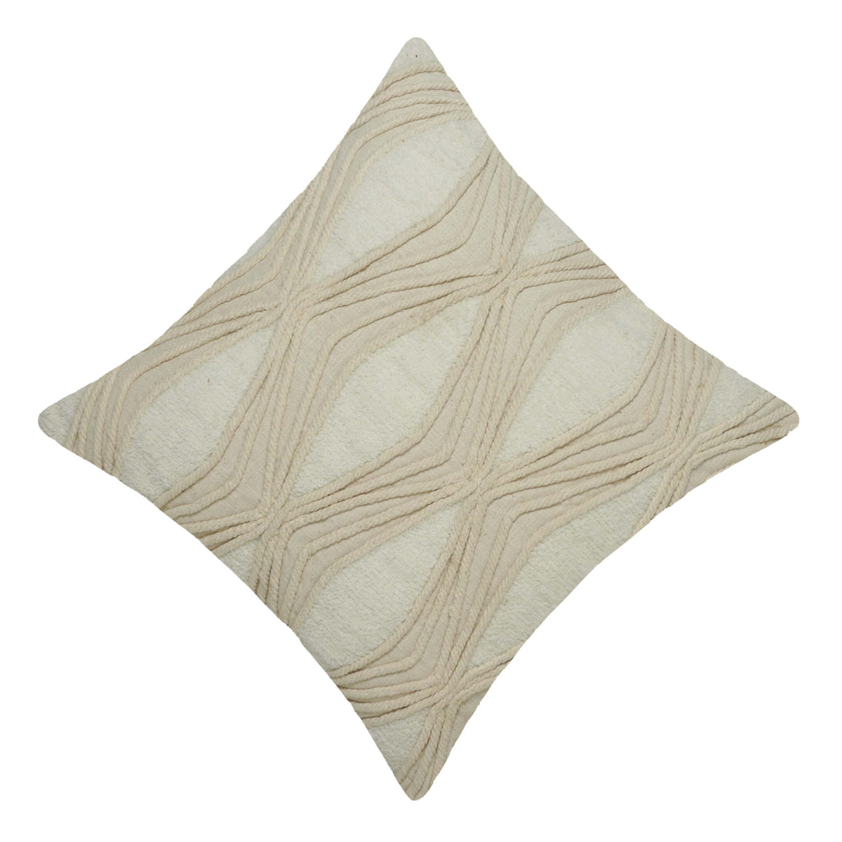 Handcrafted Tufted & Rope Cotton Cushion Cover 45x45 cm | Textured Boho Decorative Throw Pillow Cover | Ivory | Hidden Zip