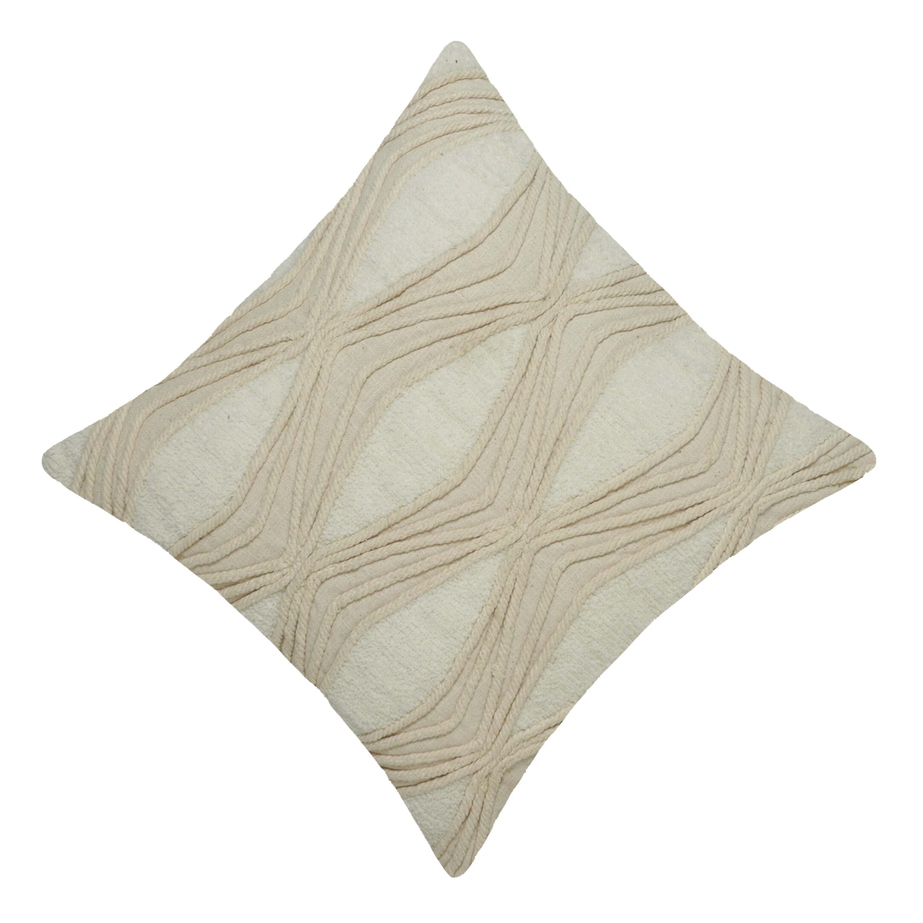Handcrafted Tufted & Rope Cotton Cushion Cover 45x45 cm | Textured Boho Decorative Throw Pillow Cover | Ivory | Hidden Zip