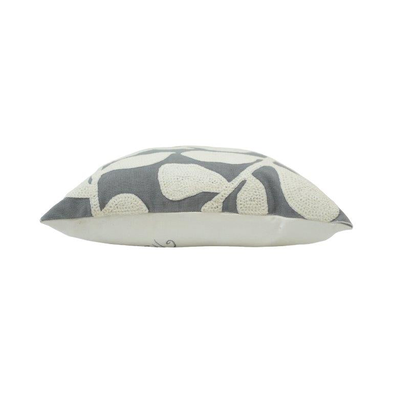 Abstract Leaf Embroidered Cotton Cushion Cover 45x45 cm | Grey & Ivory Decorative Throw Pillow Cover