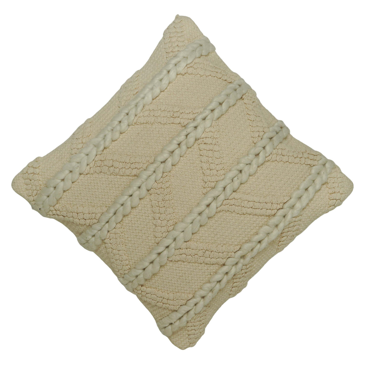 Handwoven Cotton Cushion Cover 45x45 cm | Textured Braided Boho Throw Pillow Cover | Handmade Decorative Cushion Cover with Concealed Zipper | Ivory