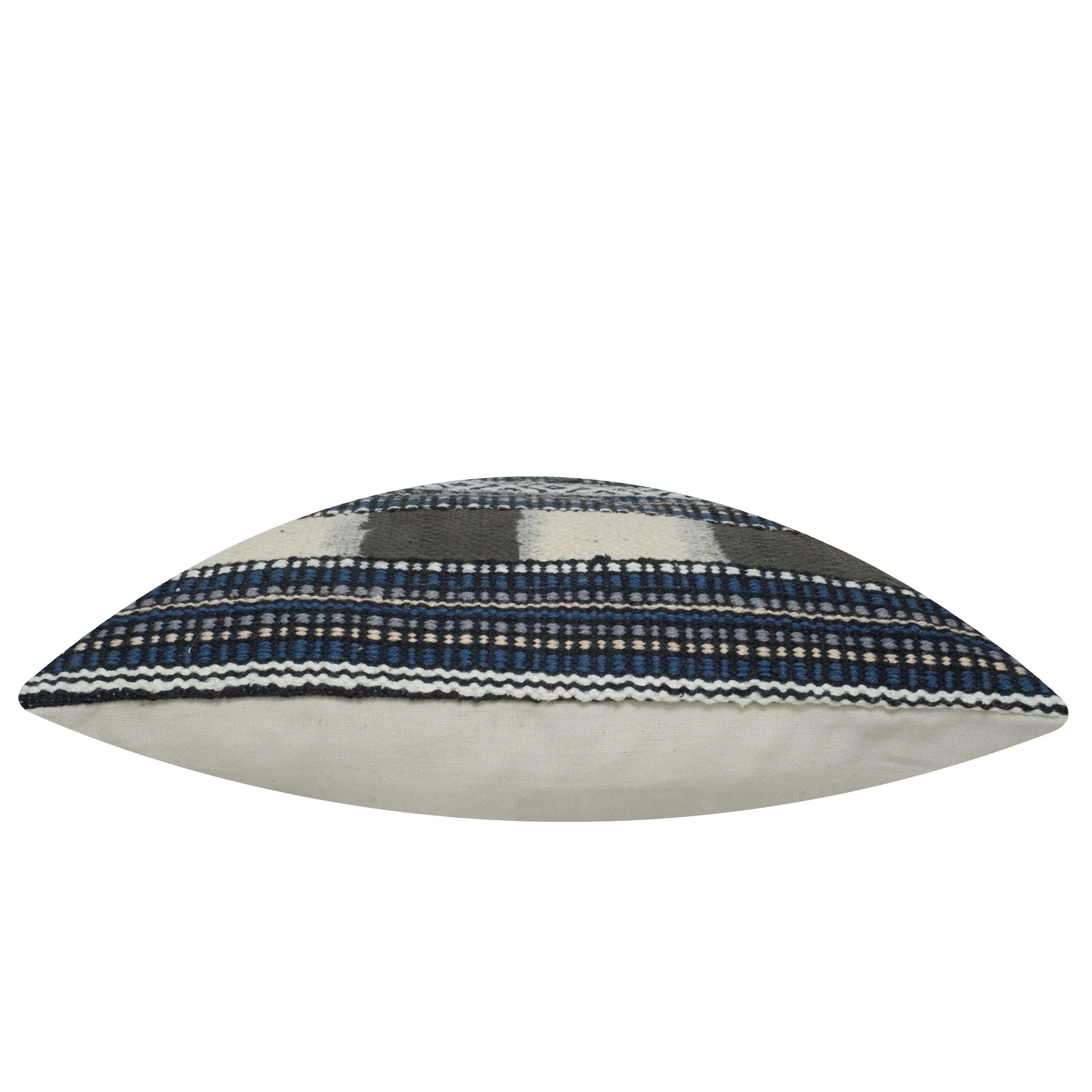 Handwoven Geometric Cotton Cushion Cover 45x45 cm – Blue, Ivory & Grey Textured Boho Accent Pillow Cover