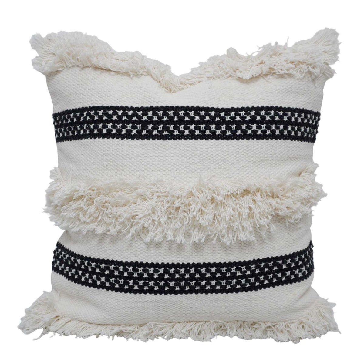 Handwoven Cotton Cushion Cover with Fringe & Black Woven Stripe | Boho Decorative Throw Pillow Cover | 45 x 45 cm (18 x 18 Inch) - Bulk manufacturer & supplier from Panipat, India
