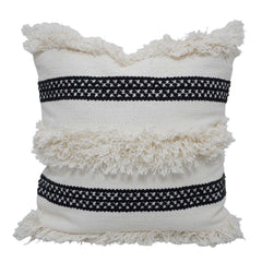 Handwoven Cotton Cushion Cover with Fringe & Black Woven Stripe | Boho Decorative Throw Pillow Cover | 45 x 45 cm (18 x 18 Inch)