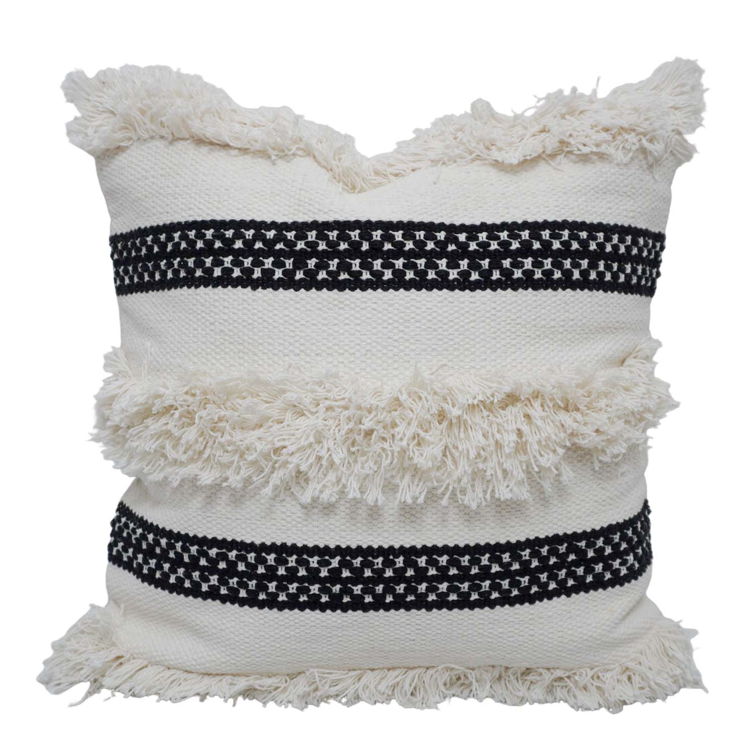 Handwoven Cotton Cushion Cover with Fringe & Black Woven Stripe | Boho Decorative Throw Pillow Cover | 45 x 45 cm (18 x 18 Inch)