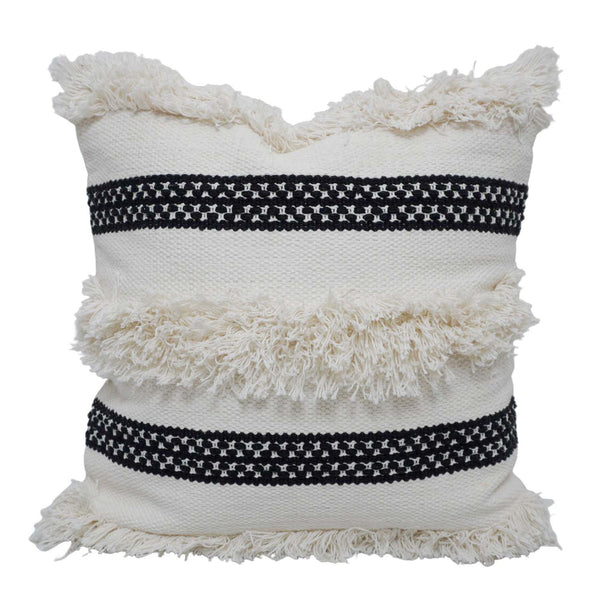 Handwoven Cotton Cushion Cover with Fringe & Black Woven Stripe | Boho Decorative Throw Pillow Cover | 45 x 45 cm (18 x 18 Inch)