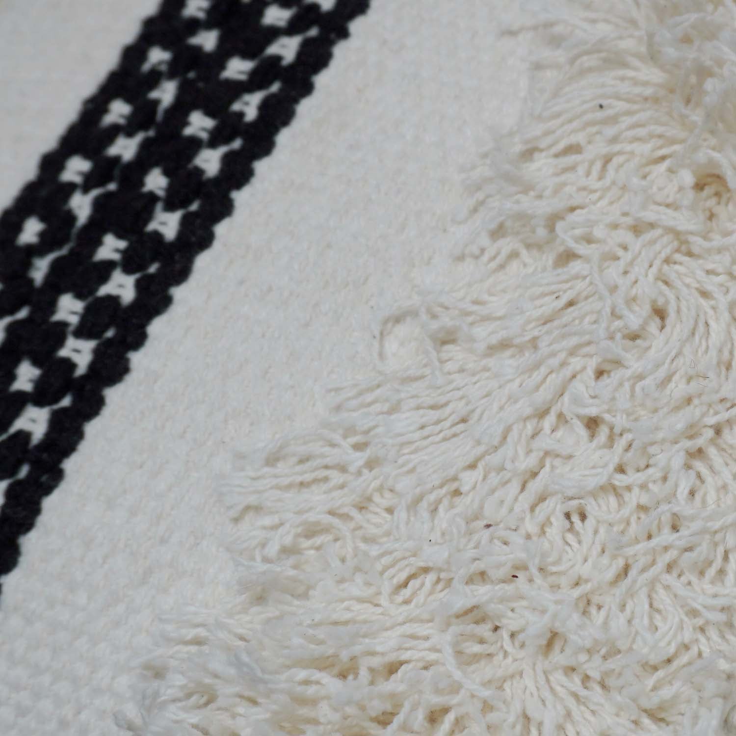 Handwoven Cotton Cushion Cover with Fringe & Black Woven Stripe | Boho Decorative Throw Pillow Cover | 45 x 45 cm (18 x 18 Inch)