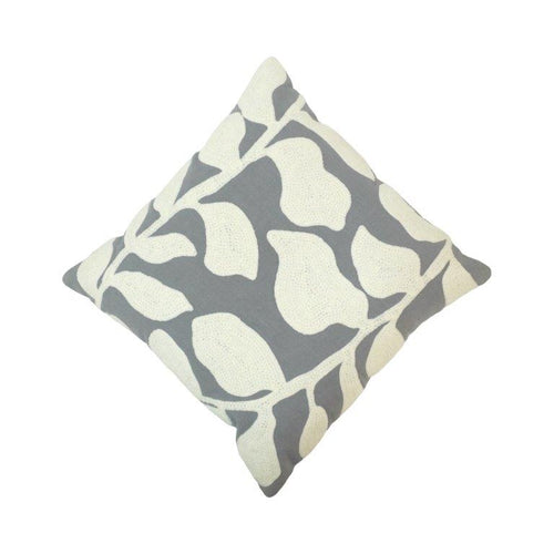 Abstract Leaf Embroidered Cotton Cushion Cover 45x45 cm | Grey & Ivory Decorative Throw Pillow Cover