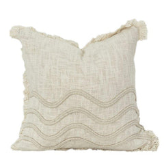 Neutral Wave Embroidered Cotton Cushion Cover | Textured Boho Minimal Pillow Case | Beige Decorative Throw Cushion 18x18 Inch