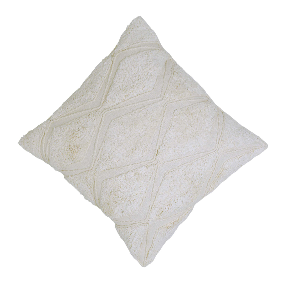 Handcrafted Tufted Embroidered Cotton Cushion Cover – Ivory Geometric Diamond Pattern, 45 x 45 cm