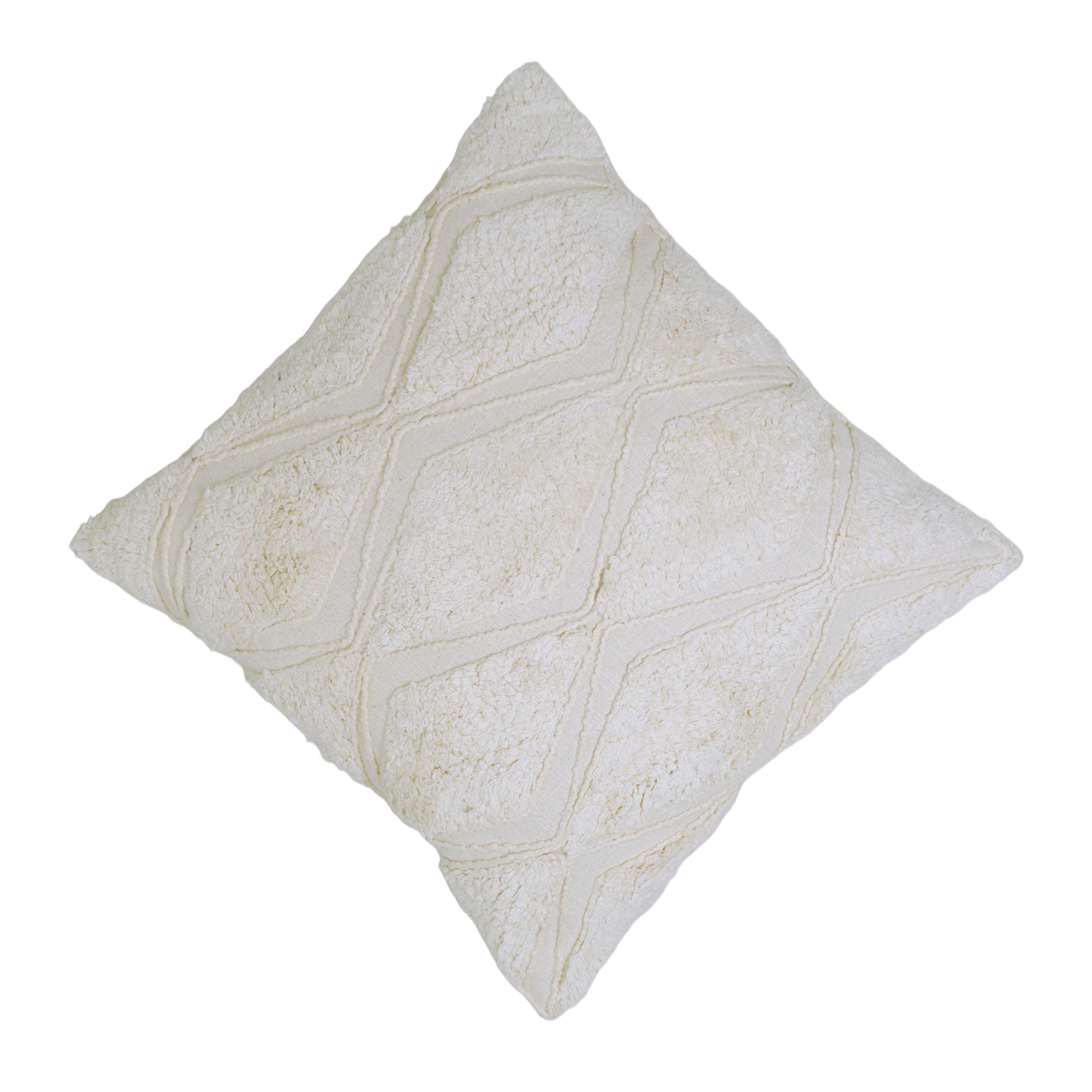 Handcrafted Tufted Embroidered Cotton Cushion Cover – Ivory Geometric Diamond Pattern, 45 x 45 cm