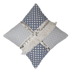 Handwoven Cotton Cushion Cover with Fringe & Sequin Detail | Blue & Ivory Geometric Textured Decorative Throw Pillow Cover | 45x45 cm (18x18 Inch)