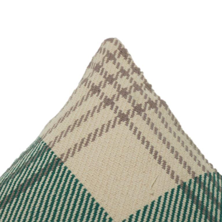 Handmade Cotton Checkered Cushion Cover 45x45 cm | Green & Beige Plaid Decorative Pillow | Rustic Modern Home Décor