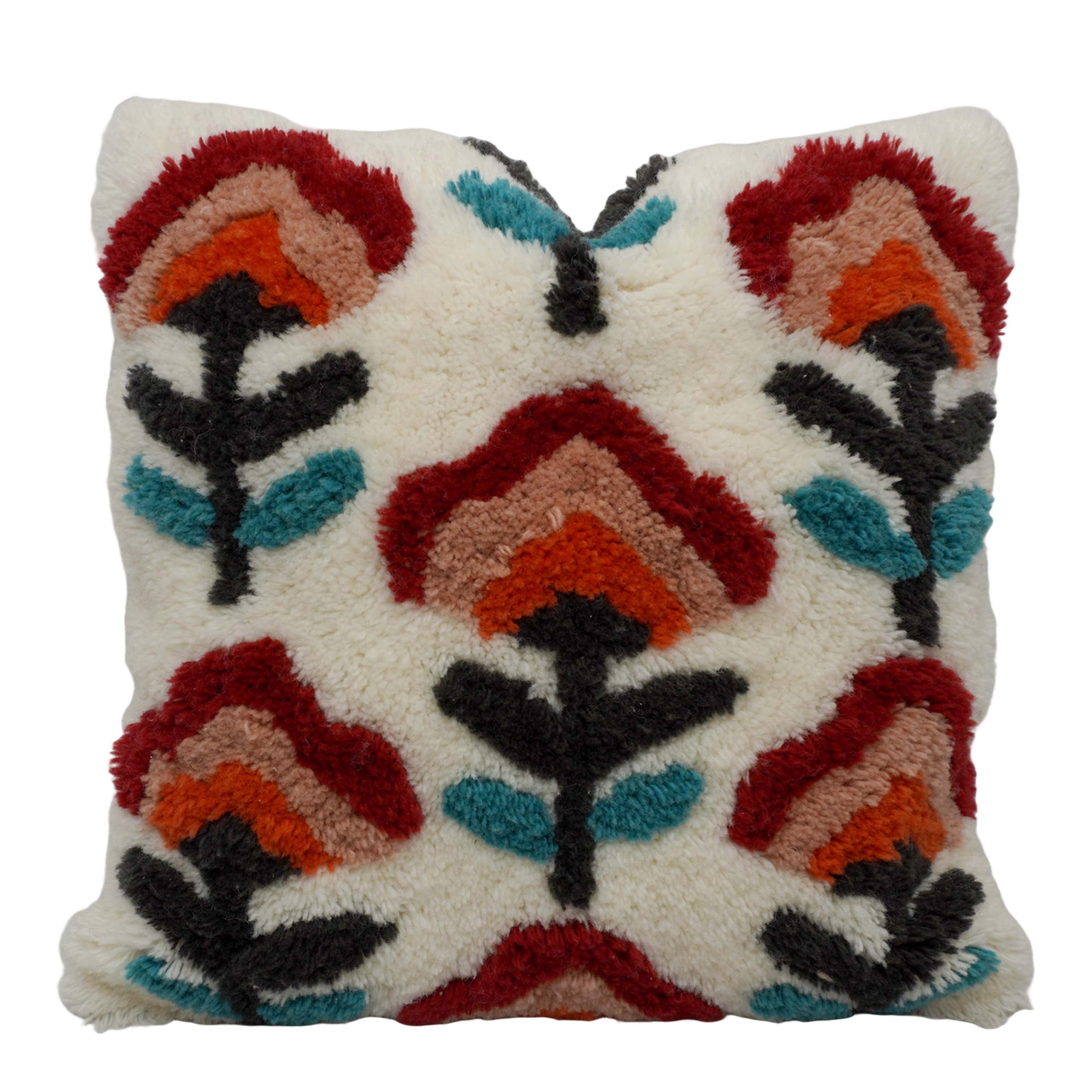 Hand Tufted Wool Cushion Cover 45x45 cm | Abstract Floral Decorative Throw Pillow Cover | Multicolor Boho Handmade Cushion Cover with Concealed Zipper