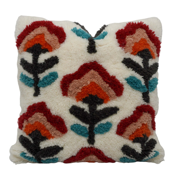 Hand Tufted Wool Cushion Cover 45x45 cm | Abstract Floral Decorative Throw Pillow Cover | Multicolor Boho Handmade Cushion Cover with Concealed Zipper
