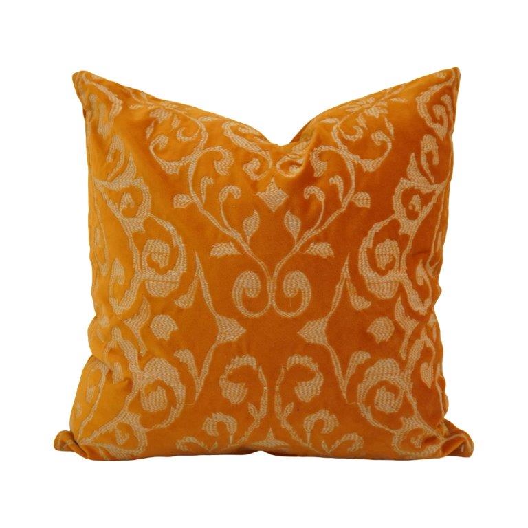 Mustard Orange Embroidered Cushion Cover | Floral Vine Pattern Cotton Cushion | 45x45 cm Decorative Pillow Cover - Bulk manufacturer & supplier from Panipat, India