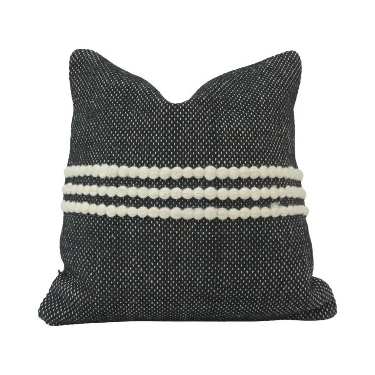Handmade Black & White Cotton Cushion Cover 45x45 cm | Textured Pom Pom Stripe Decorative Throw Pillow Cover - Bulk manufacturer & supplier from Panipat, India