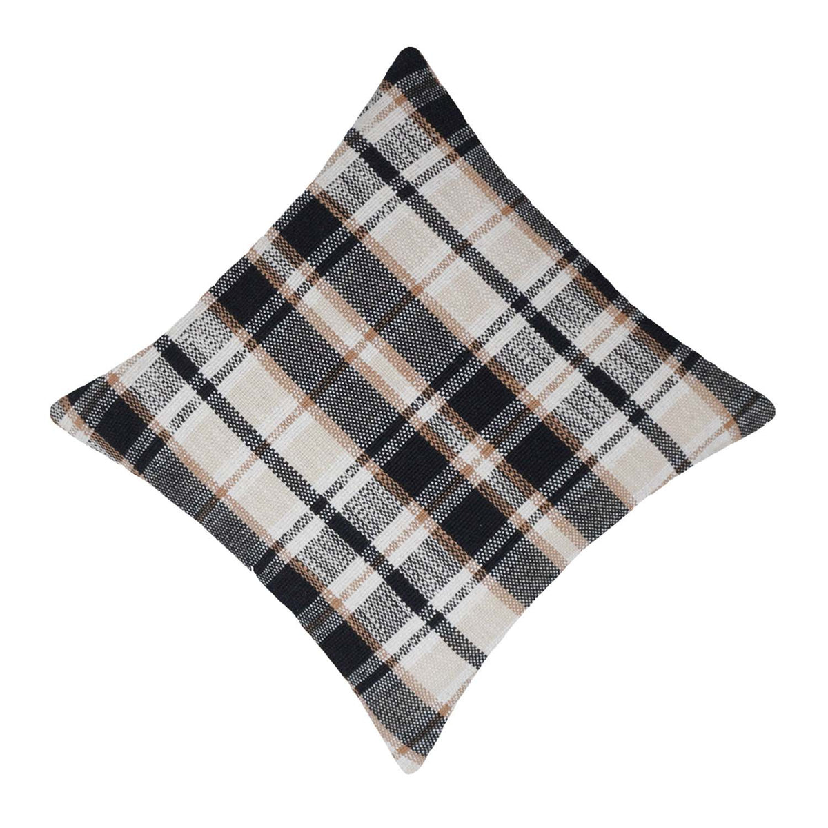 Handwoven Cotton Plaid Cushion Cover 45x45 cm | Black, Beige & Ivory Checkered Decorative Throw Pillow Cover | Modern Farmhouse Home Décor - Bulk manufacturer & supplier from Panipat, India