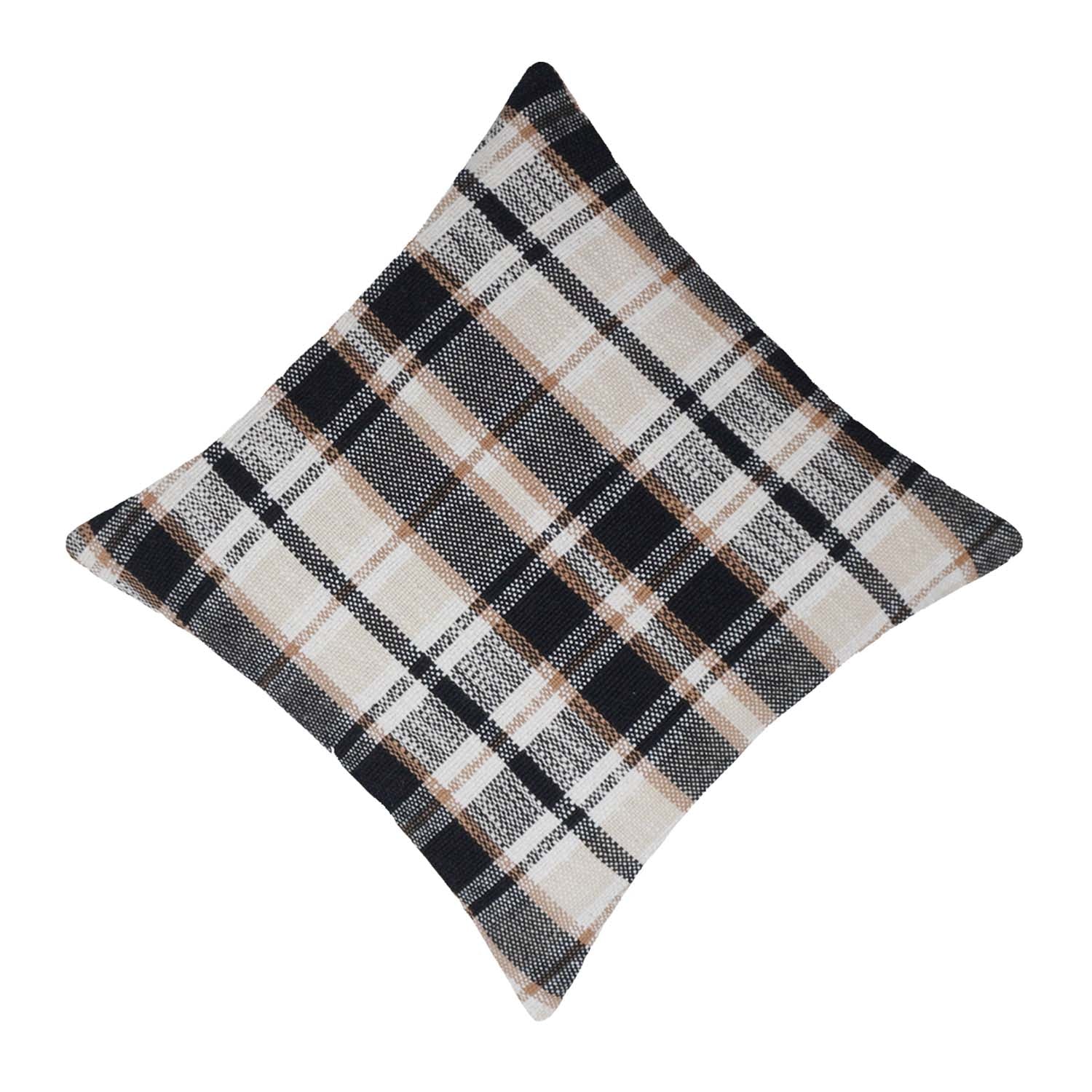 Handwoven Cotton Plaid Cushion Cover 45x45 cm | Black, Beige & Ivory Checkered Decorative Throw Pillow Cover | Modern Farmhouse Home Décor