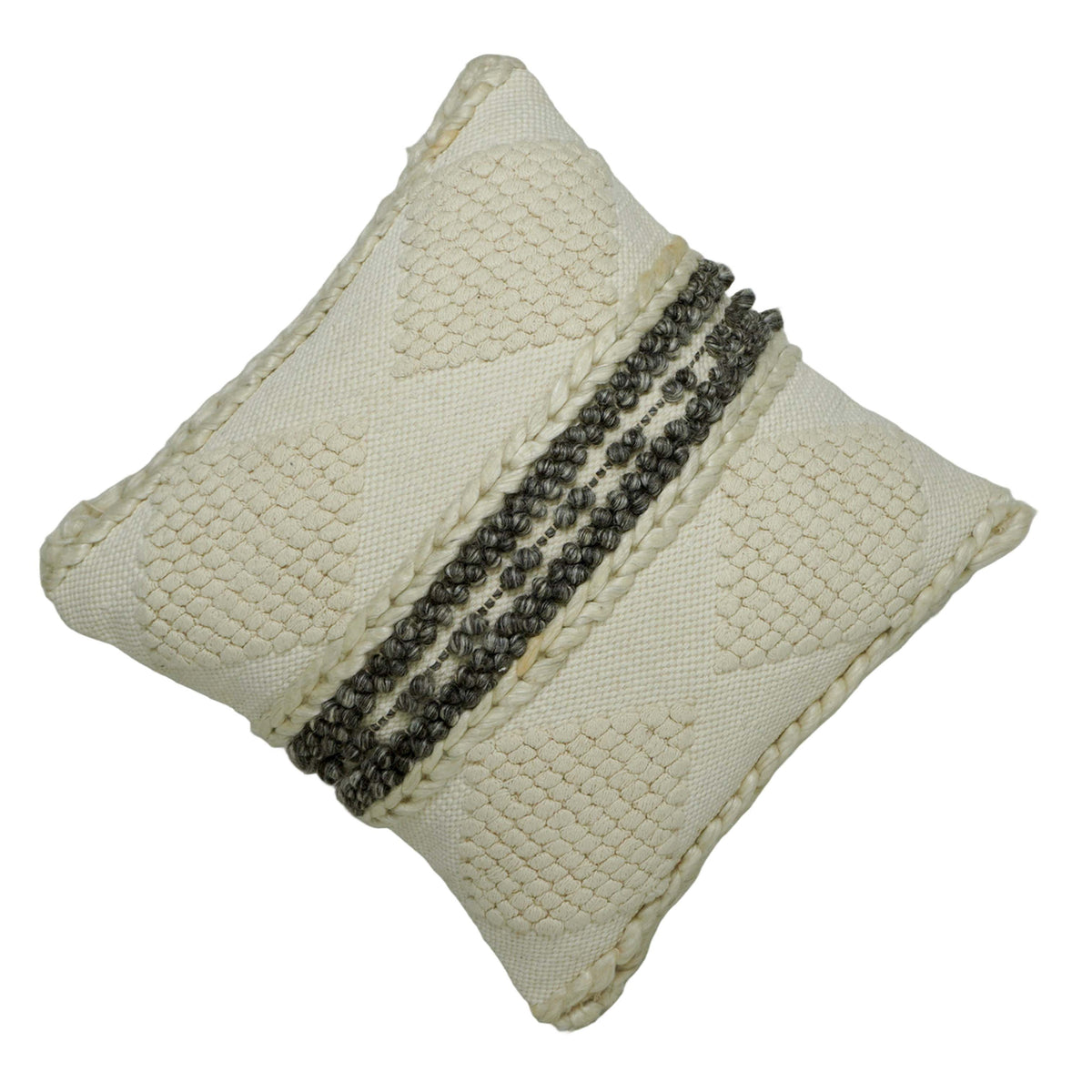 Handwoven Cotton Cushion Cover 45x45 cm – Ivory & Grey Textured Geometric Design
