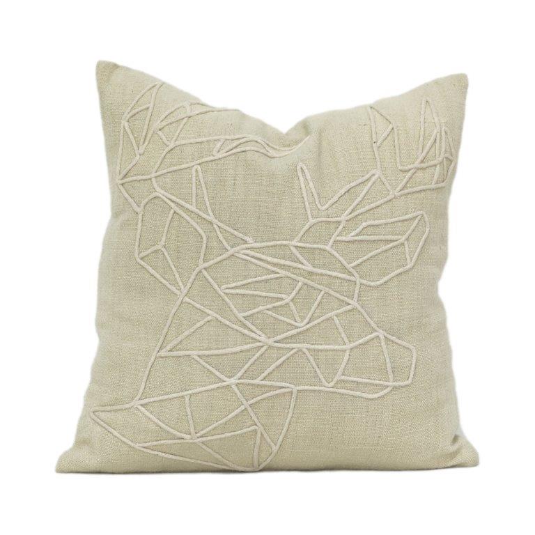 Abstract Deer Line Embroidered Cotton Cushion Cover – 45x45 cm | Minimalist Nature Design | Neutral Beige Decorative Pillow Case