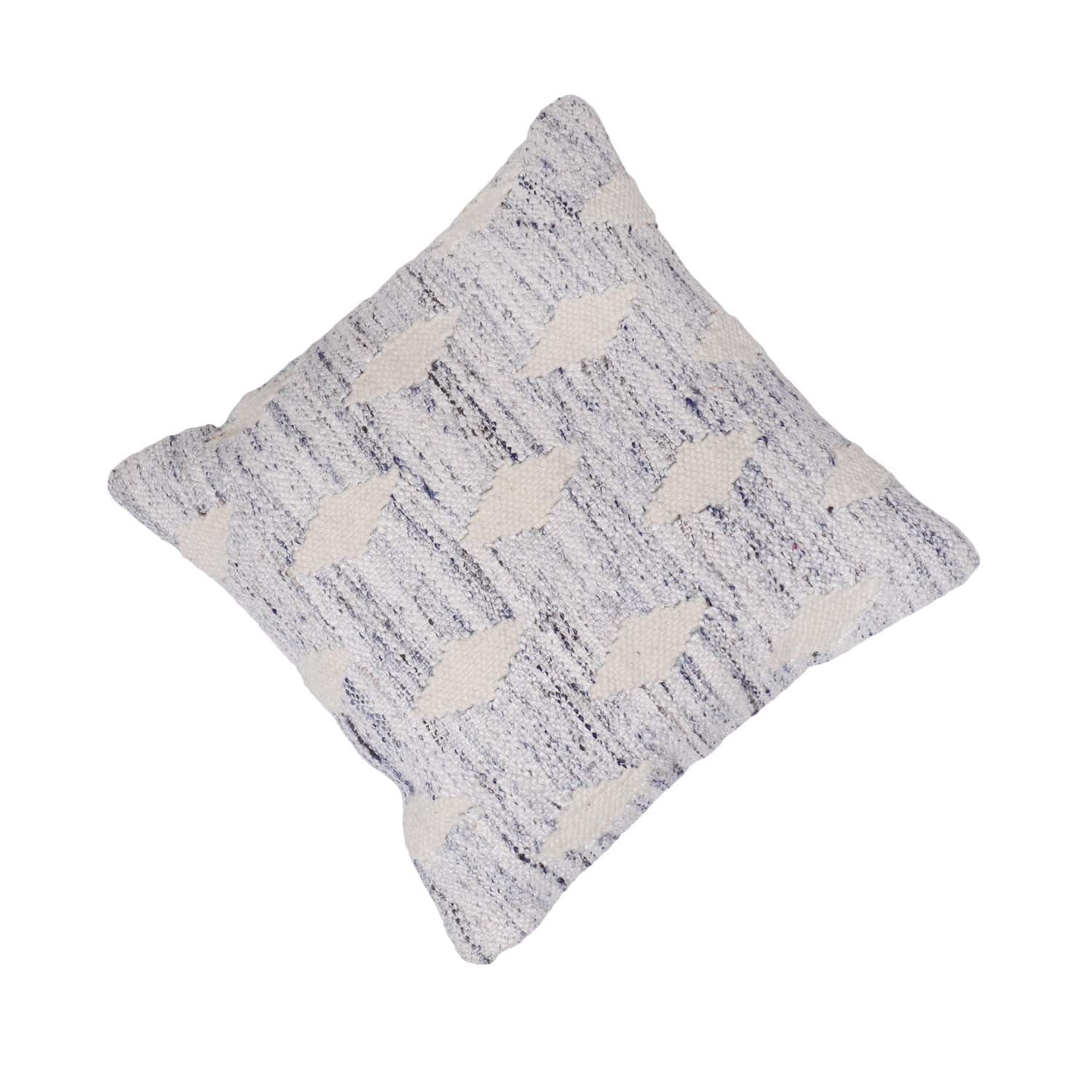Handwoven Textured Cotton Cushion Cover 45x45 cm | Geometric Tufted Pattern | Handmade Decorative Throw Pillow Cover | Ivory & Blue