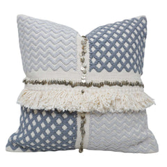 Handwoven Cotton Cushion Cover with Fringe & Sequin Detail | Blue & Ivory Geometric Textured Decorative Throw Pillow Cover | 45x45 cm (18x18 Inch)