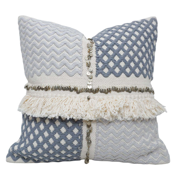 Handwoven Cotton Cushion Cover with Fringe & Sequin Detail | Blue & Ivory Geometric Textured Decorative Throw Pillow Cover | 45x45 cm (18x18 Inch)