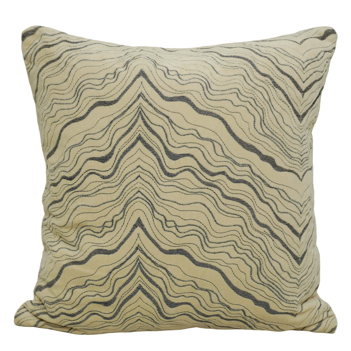 Modern Machine Embroidered Cotton Cushion Cover 45x45 cm | Abstract Wave Pattern | Decorative Throw Pillow Cover with Concealed Zipper | Beige & Charcoal