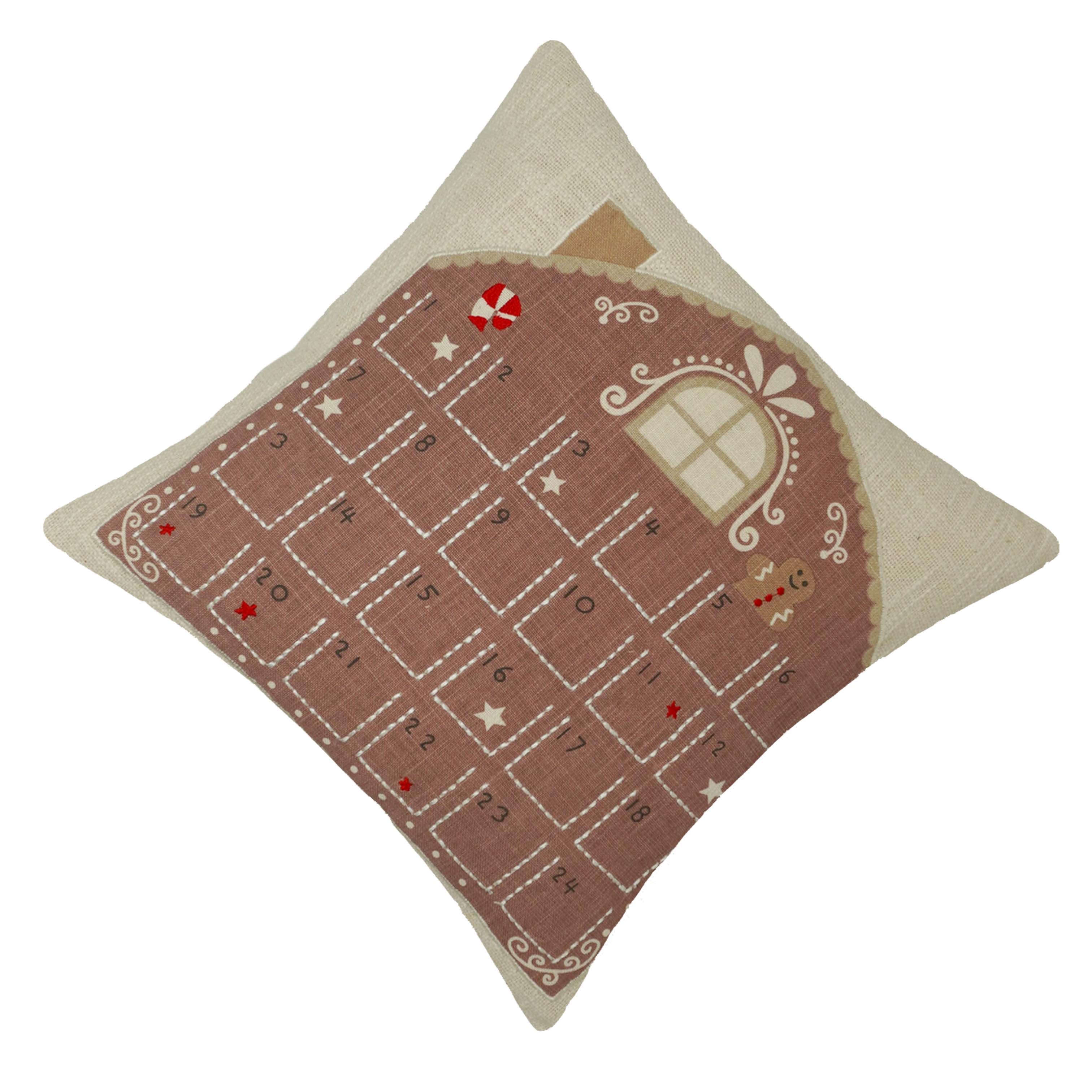 Christmas Advent Calendar Printed & Embroidered Cotton Cushion Cover 45x45 cm | Gingerbread House Decorative Throw Pillow Cover with Hidden Zipper