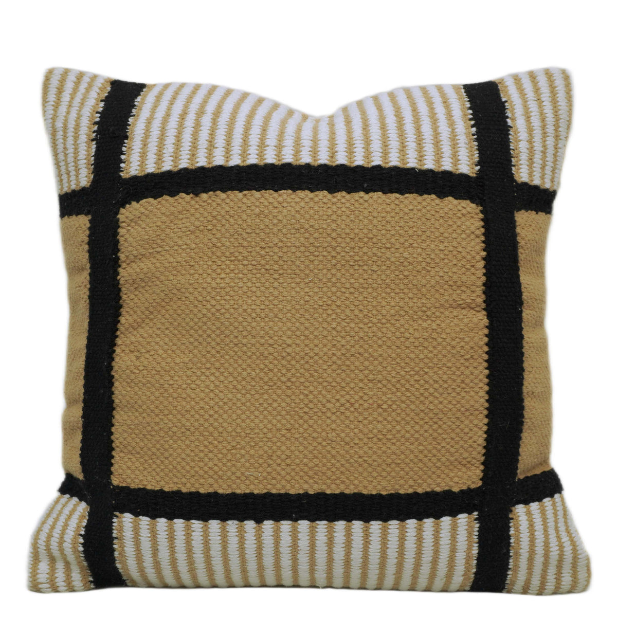 Handwoven Cotton Cushion Cover 45x45 cm – Beige & Black Geometric Textured Design