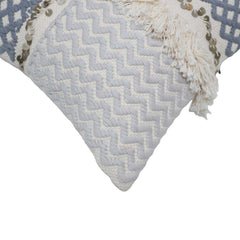 Handwoven Cotton Cushion Cover with Fringe & Sequin Detail | Blue & Ivory Geometric Textured Decorative Throw Pillow Cover | 45x45 cm (18x18 Inch)